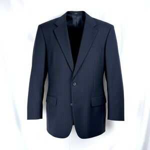 Towncraft‎ Mens Navy Blue Pinstripe Worsted Wool Blend 2 Button Blazer Jacket
